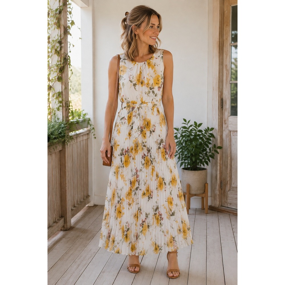 Boho Cottagecore Romantic Wedding Yellow Floral Pleats Sleeveless 10 Maxi Dress